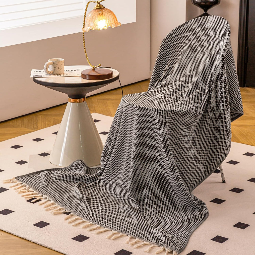 Premium Cotton Light Weight Boho Throw Blanket 50”x60” Gray Black and Off White