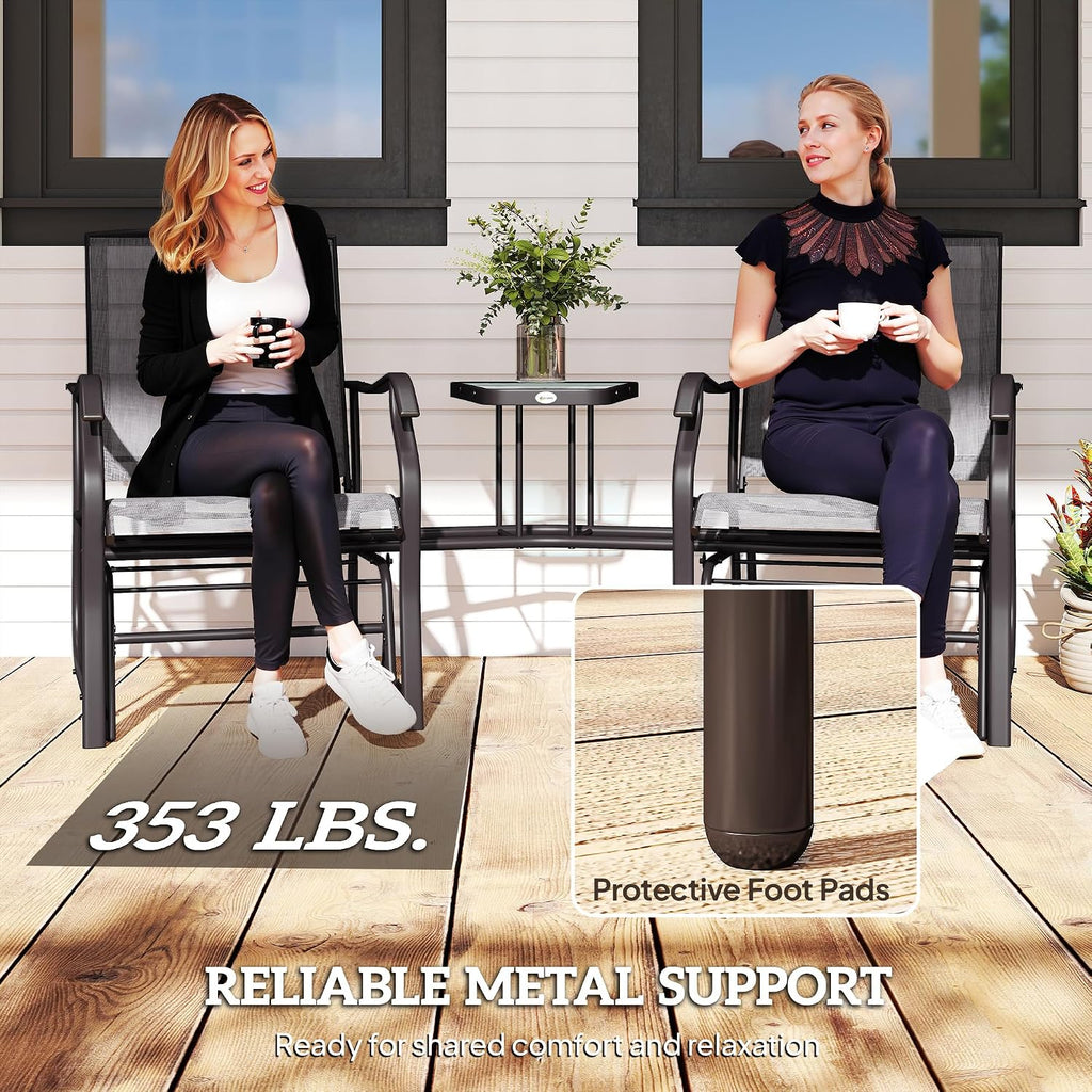 Outdoor Glider Chair with Table 2-Seat Patio Loveseat Gray | Rocking Chair Swing Love Seat, Breathable Sling