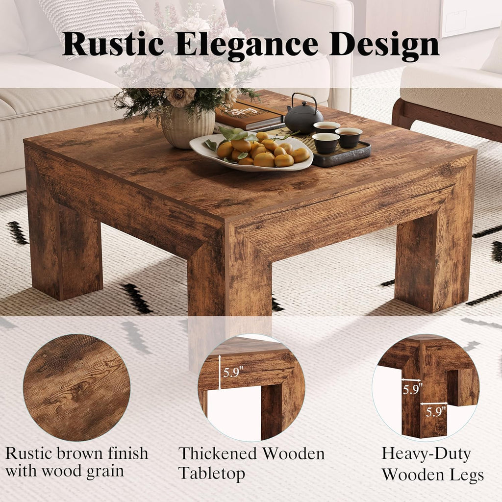 Wooden Square Coffee Table,35.5 inch Farmhouse Low Cocktail with Thick Base (Rustic Brown)