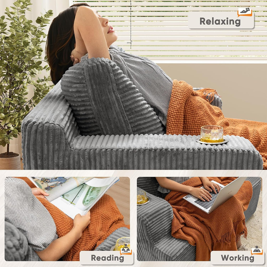 Oversized Chaise Lounge Chair, Cloud Couch with Fluffy Upholstered, Deep Seat Sleeper Sofa Bed with Two Cup Holders