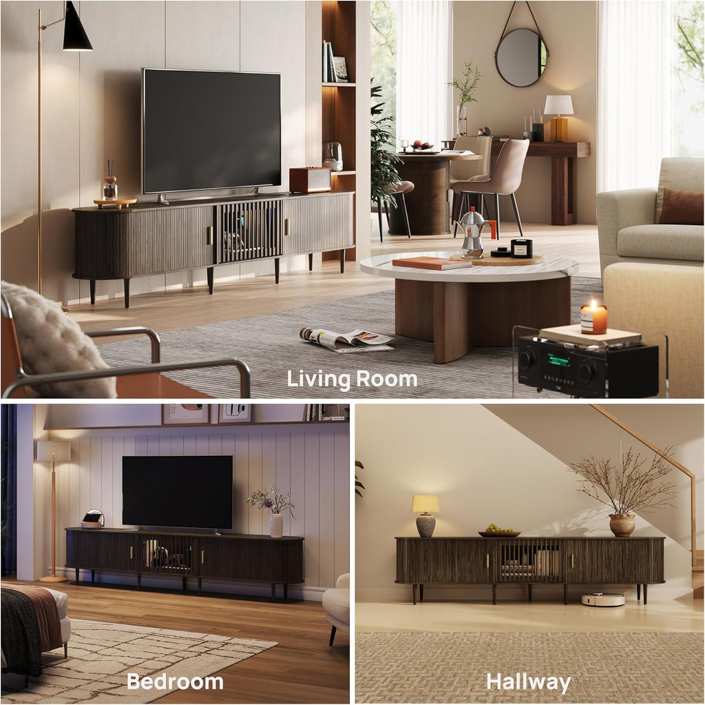 94.5" Fluted Mid Century Modern TV Stand for TVs Up to 80/85/86/90/98/100", Tambour Sliding Doors Entertainment