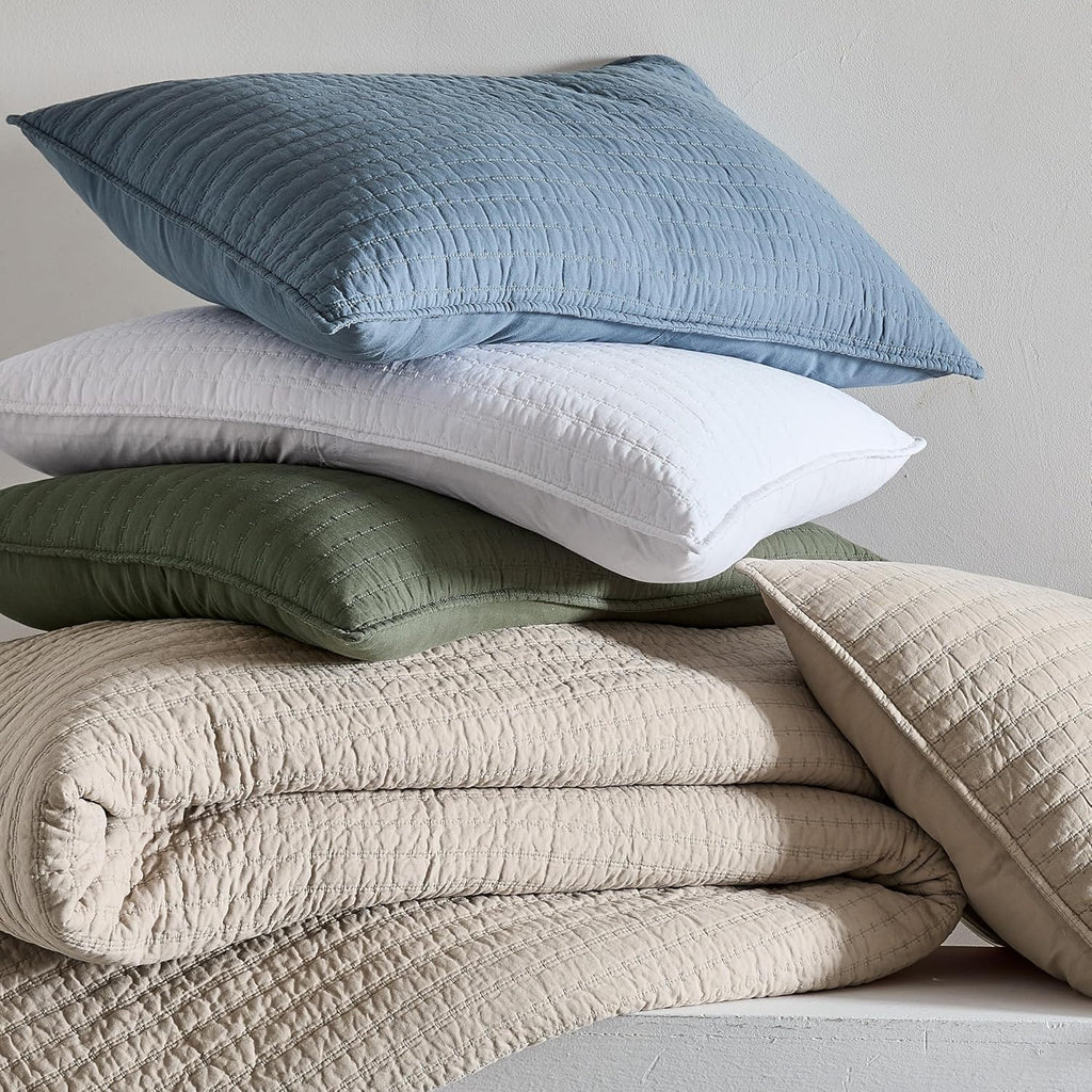 100% Cotton Quilt Set - Beige Neutral Striped Pick Stitch Soft Lightweight Bedspread, Textured Like Linen