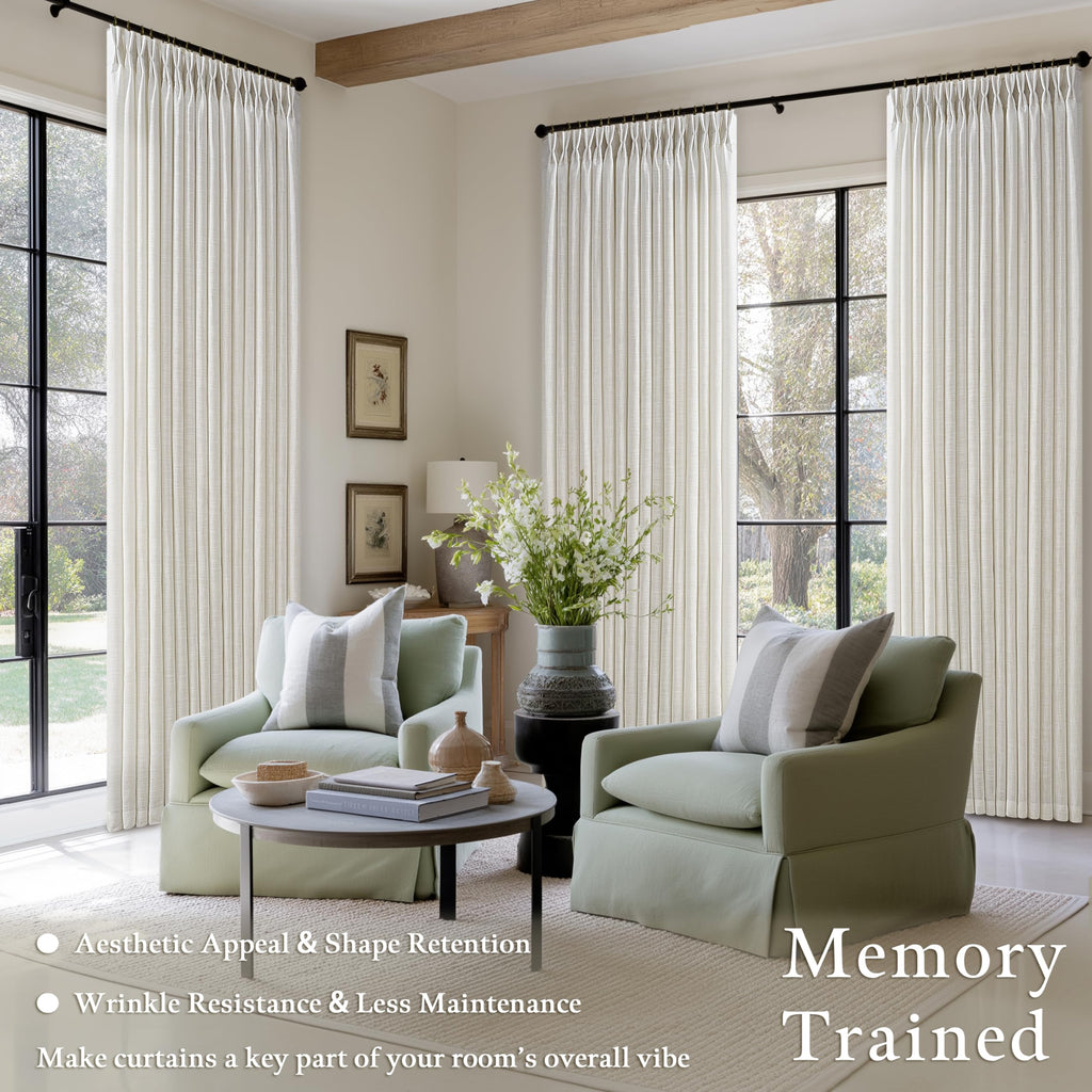 Pleated Linen Cream Light Filter Sheer Boho Curtains 112 Inches Length 50W