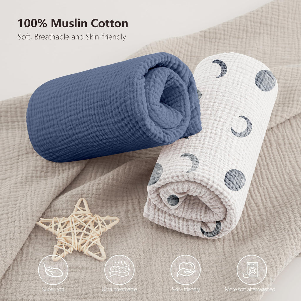 Muslin Mini Crib Sheets for Pack N Play Mattress - 100% Cotton - 38"x26" Soft Breathable Playard Baby Crib Sheets