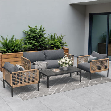 Outdoor 4-Piece Conversation Set Rust Free Patio Furniture Set Open-Weave Wicker Olefin Modern Sofa Seating for