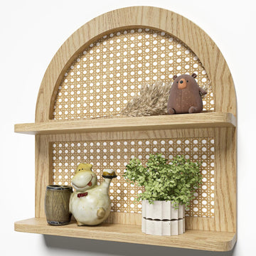 Wood Boho Rattan Wall Shelf - 2-Tier Arched Wicker Floating Shelf Natural Wood New Boho Shelf, Rustic Farmhouse
