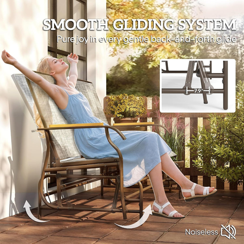 2 Person Outdoor Glider Bench Breathable Mesh Gray | Patio Swing Glider Chair Loveseat, Table, Steel Frame, Garden