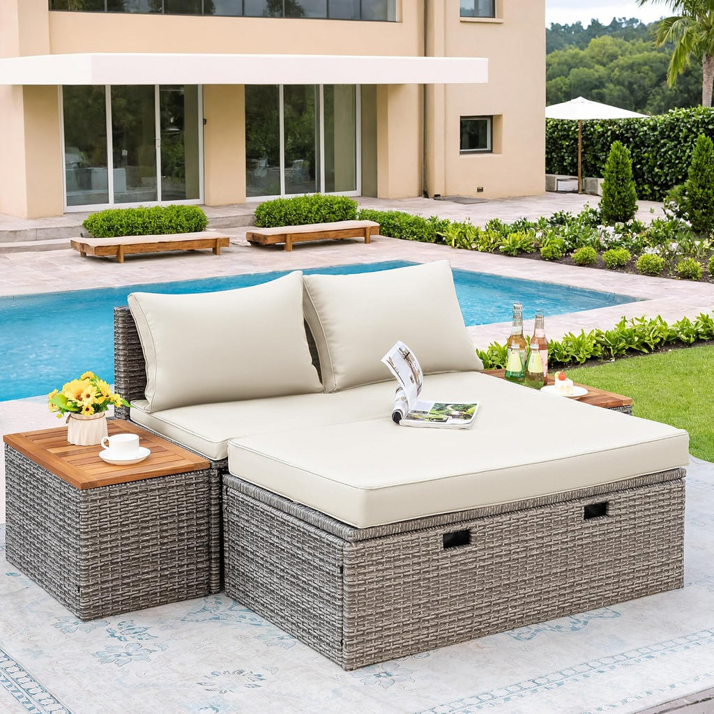Outdoor Rattan Daybed with 2 Side Tables, Multifunctional Wicker Patio Sofa with Storage Ottoman, Cushions