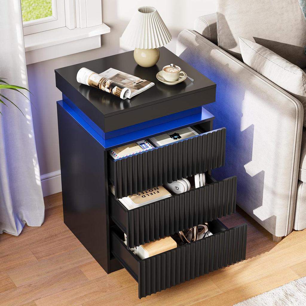 Nightstand with Charging Station and LED Lights, Modern Black Night Stand with Sliding Top, Fluted Bedside Table with
