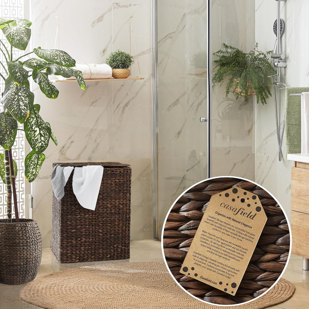 Large Laundry Hamper with Lid and Removable Liner Bag - Espresso Dark Brown, Woven Water Hyacinth Rectangular Laundry