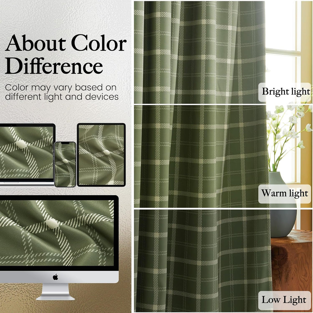 Olive Green Farmhouse Gingham Tiers Kitchen 100% Blackout Curtains, Buffalo Plaid Check Half Window