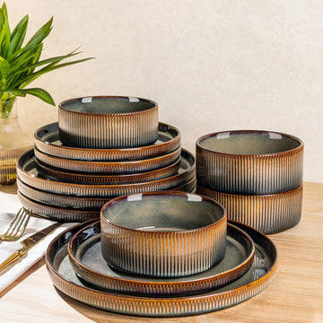 Ceramic Dinnerware Sets for 4, 12 Pieces Porcelain Lightweight Speckled Plates and Bowls Sets