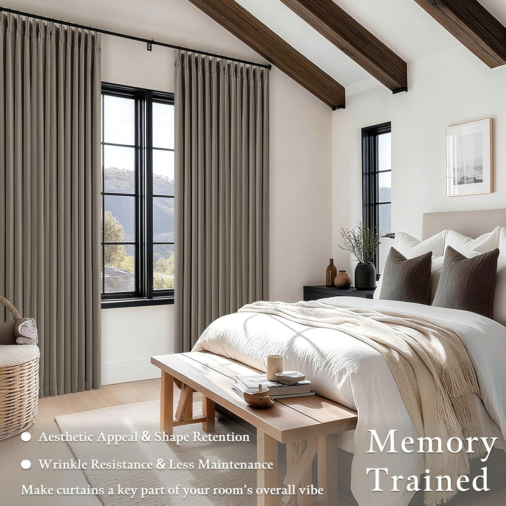 Dark Taupe Blackout Pinch Pleated Curtains 2 Panel Set for Living Room Darkening Thick Linen Textured 100%