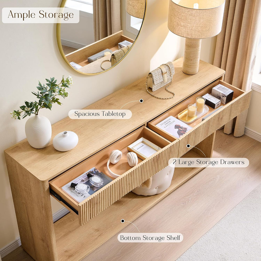 63" Fluted Console Table , Modern Entryway Table with 2 Large Drawers, Long Sofa Table Behind Couch , Couch