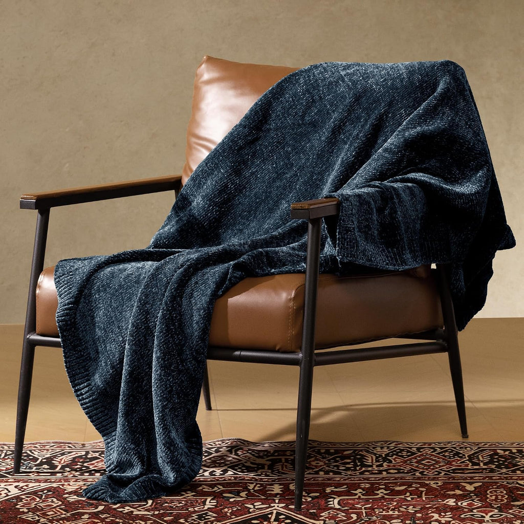 Chenille Throw Blanket, Cozy Soft Blanket Lightweight Decorative Throw, Stylish Home Decor, Ideal for Gifting, Indigo