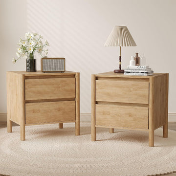 Mid Century Modern Oak Nightstand Set of 2 - Bedside Table with 2 Drawers and 4 Sturdy Solid Wood Legs, End Table