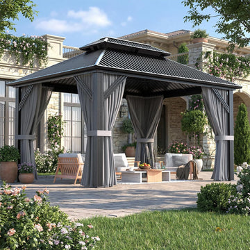 10'x12' Outdoor Aluminum Gazebo Grey | Hardtop Pergola with Galvanized Steel Double Roof, Curtain and Netting