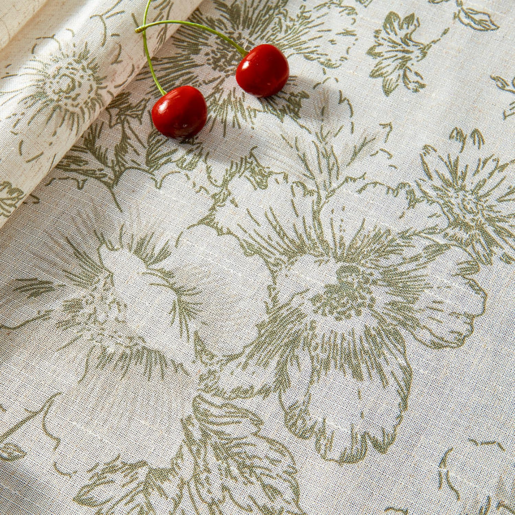Green Floral Linen Blend Rectangle Table Cloth 52 x 70 Inch