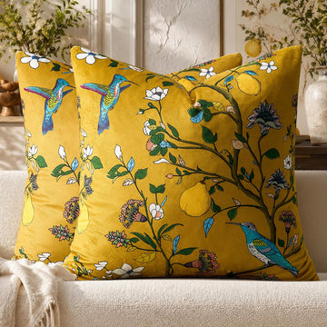 Yellow Velvet Floral Decorative 20x20 Pillow Covers Set of 2