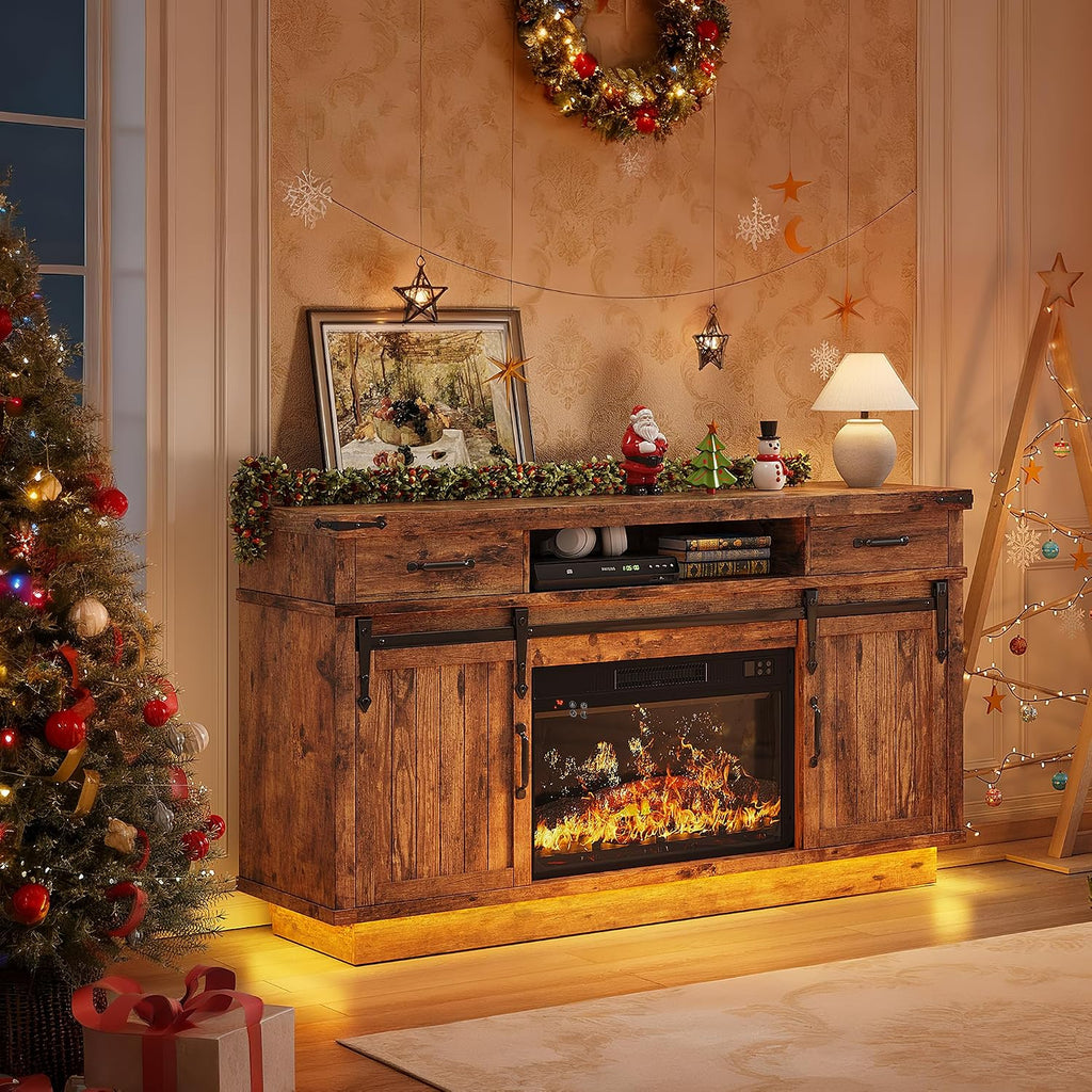 58" Farmhouse Electric Fireplace TV Stand for TVs up to 65", Entertainment Center with 2 Large Storage Drawers