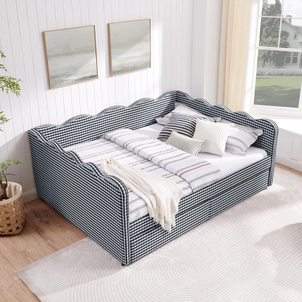 Queen Size Gingham Daybed with 2 Storage Drawers and USB Ports | Upholstered Daybed Living Room Guest Room-Navy
