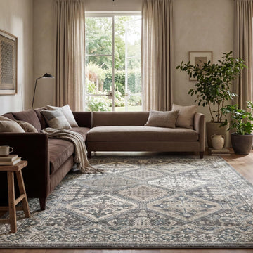 Becca Traditional Tiled Area Rug, Charcoal, Faded Transitional Design, Stain Resistant