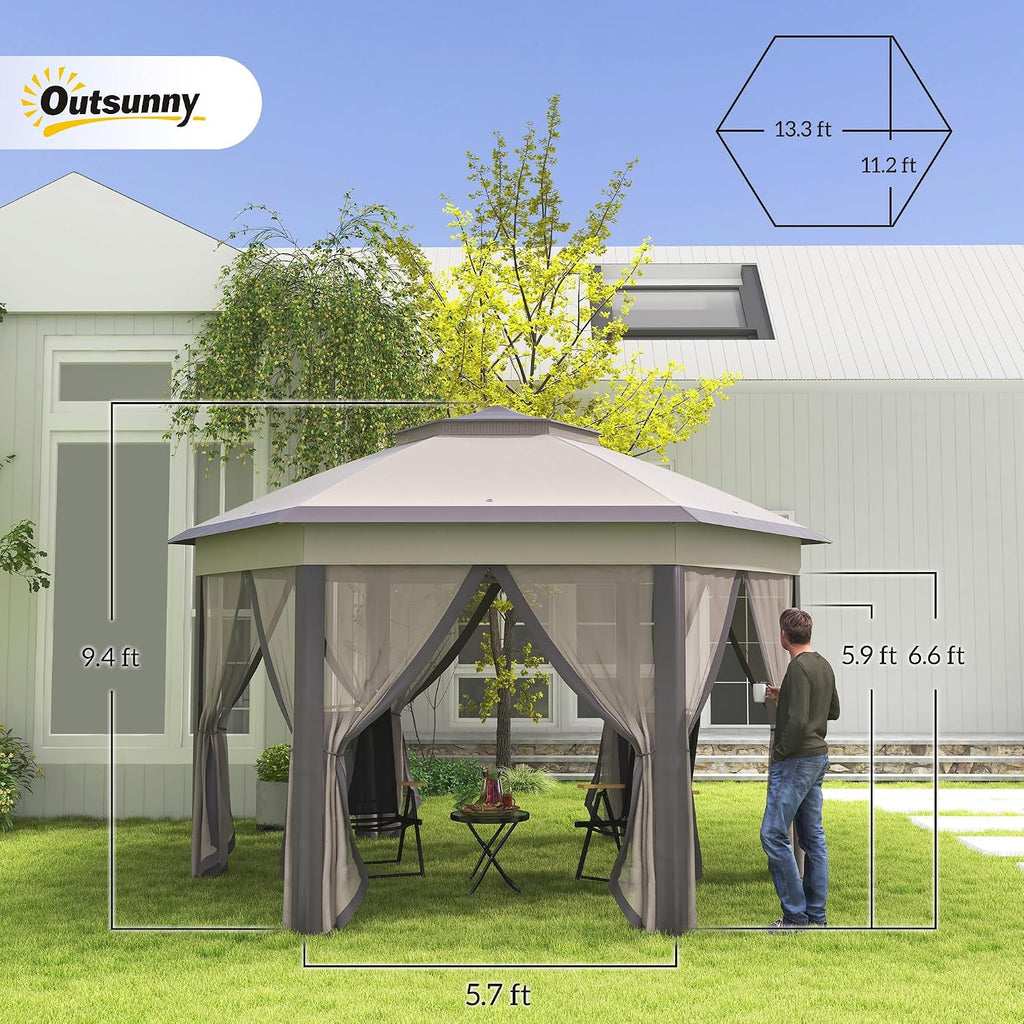13' x 13' Pop Up Gazebo, Hexagonal Canopy Shelter with 6 Zippered Mesh Netting