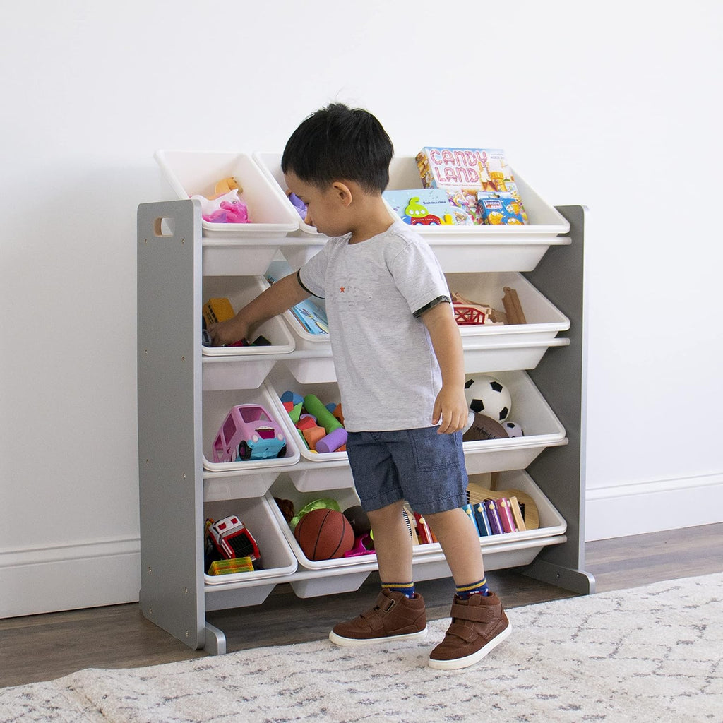 Toy Storage Organizer with 12 Removable Storage Bins for Kids Playroom, 4-Tier Toddler Toy Organization, Grey/White