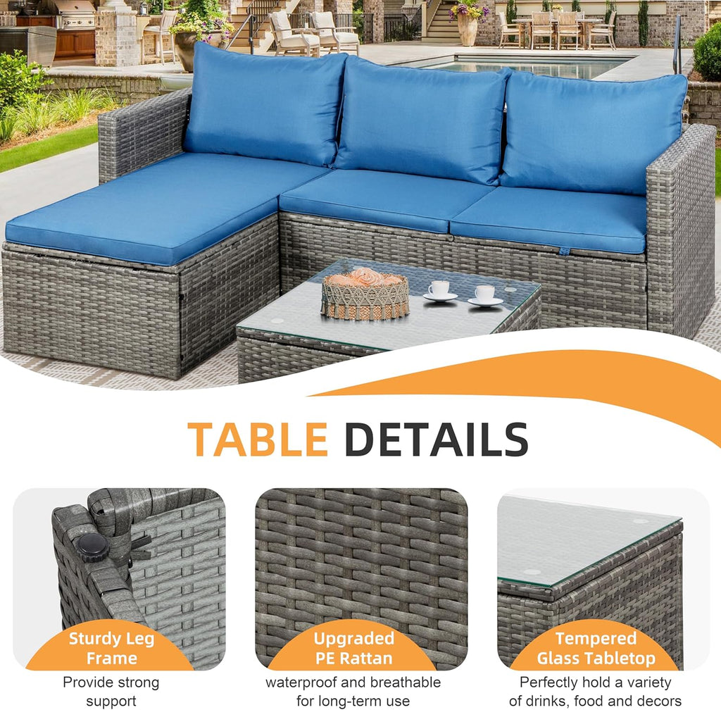 Outdoor Patio Furniture Sets, Small Outdoor Sofa Patio Sectional Sets 3-Piece All Weather Wicker Rattan Seating Sofas