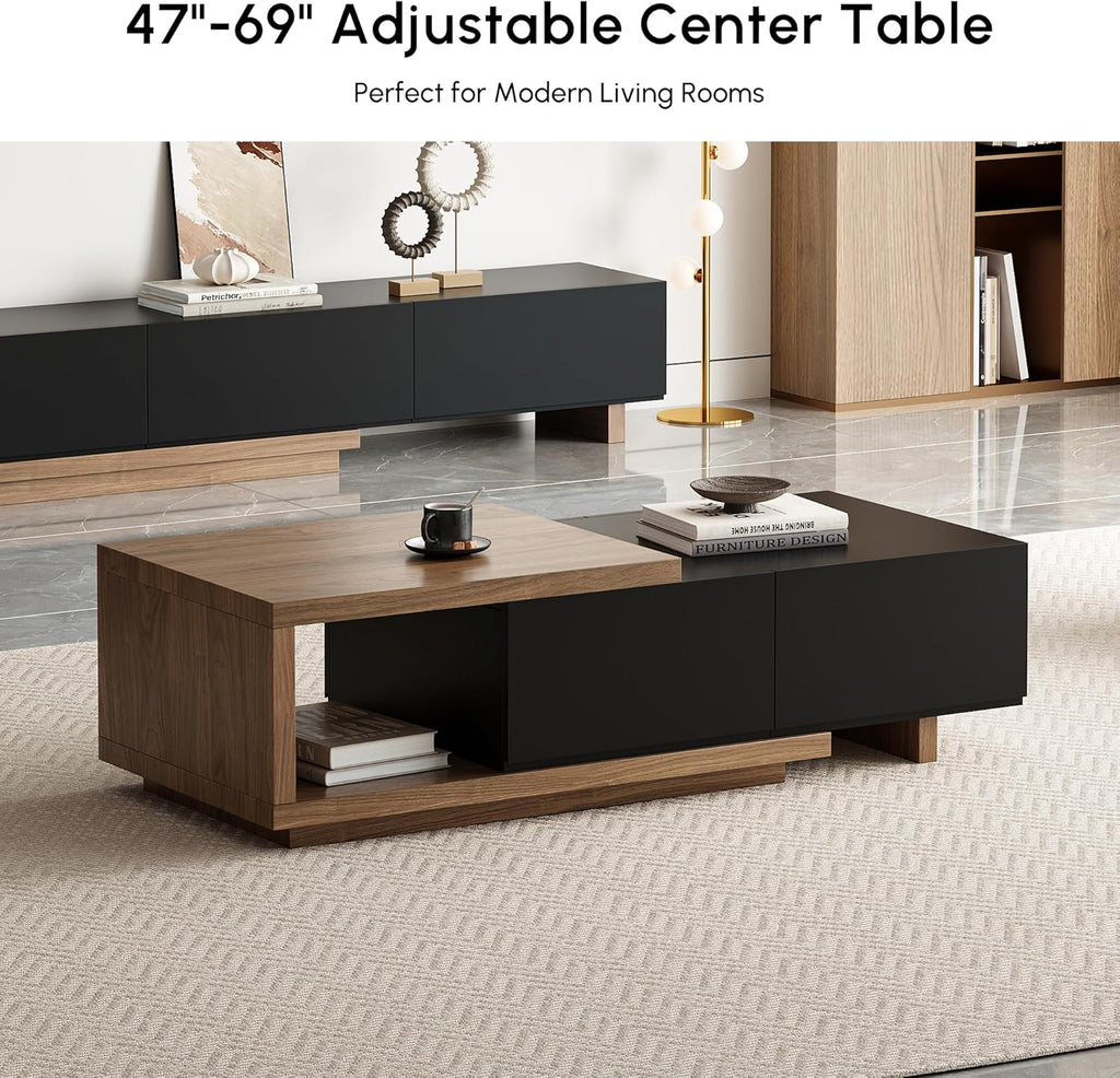 Extendable Coffee Table, 47"-69" Expandable Walnut Coffee Table with 2 Drawers