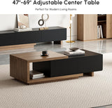 Extendable Coffee Table, 47"-69" Expandable Walnut Coffee Table with 2 Drawers