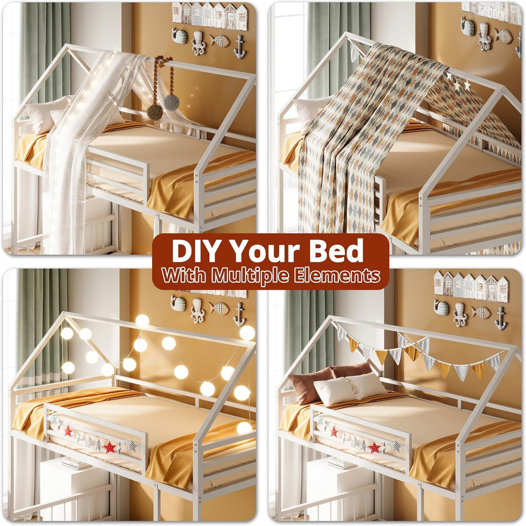 Bunk Bed Twin Over Twin, House Bunk Bed Frame with Ladder and Guardrail