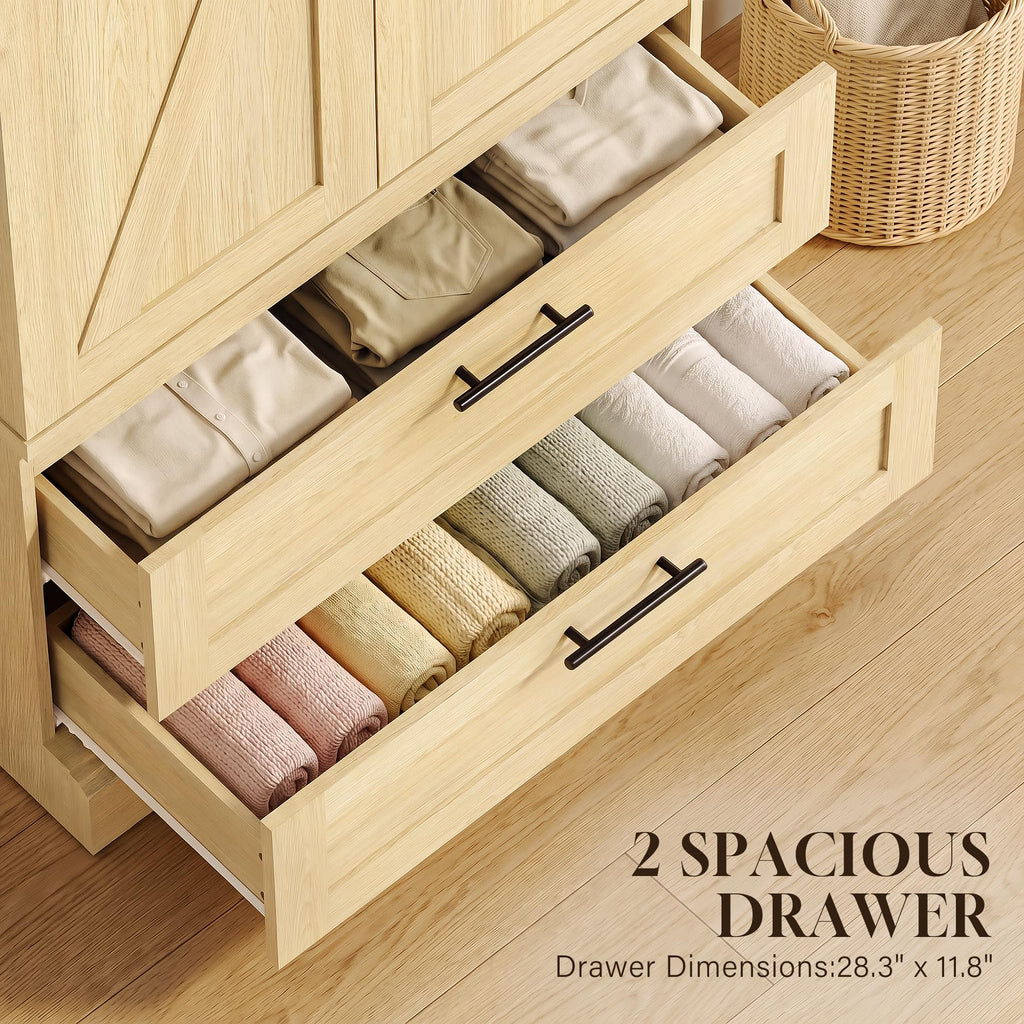 70.9" Wardrobe Closet with Sensor Light, 2 Drawers (Oak)