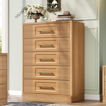 Farmhouse 5 Drawers Dresser , 44" Tall Modern Chest of Drawers, Wooden Curved Dresser Organizer , Natural Oak