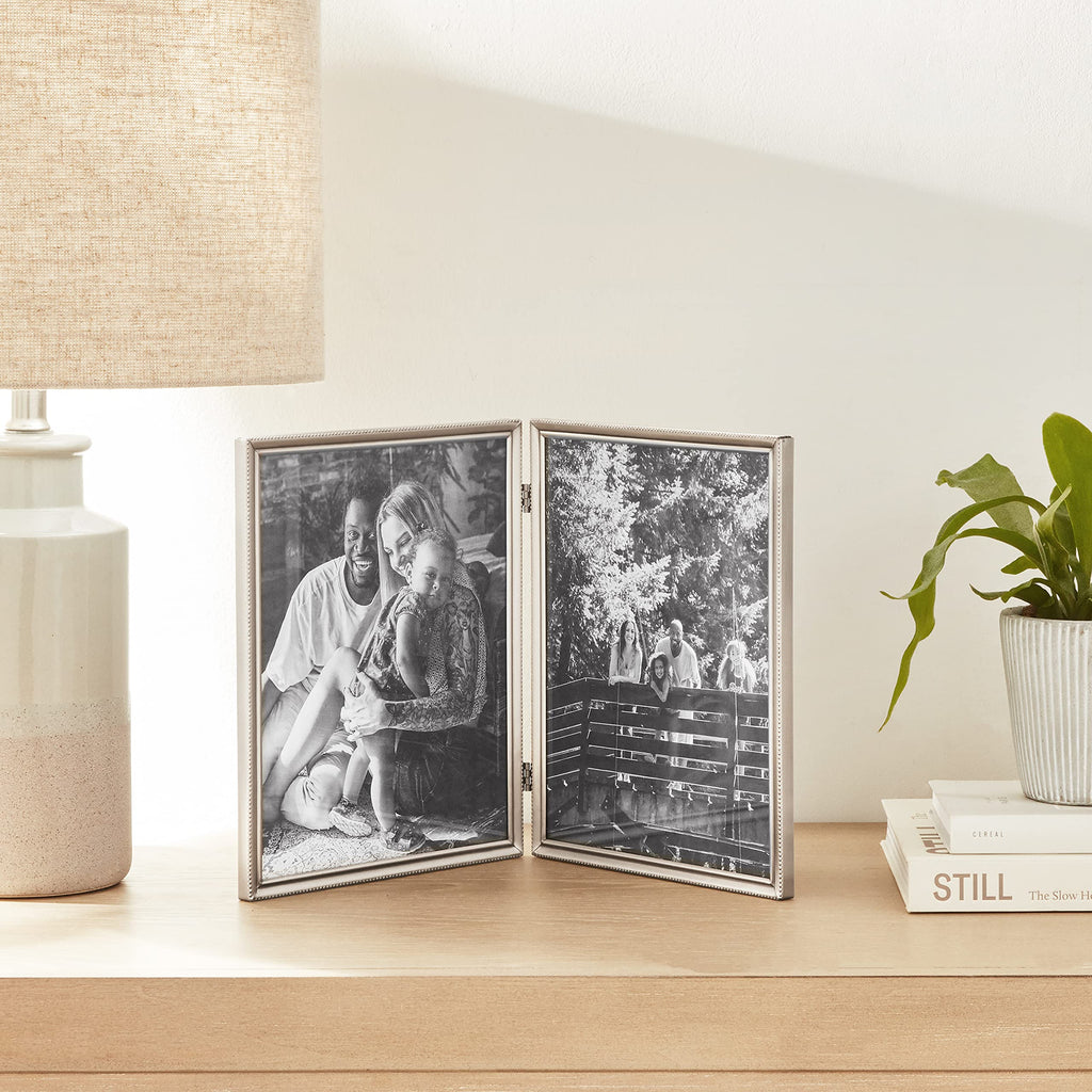 Antique Pewter 8x10 Hinged Double Picture Frame - Bead Border Design