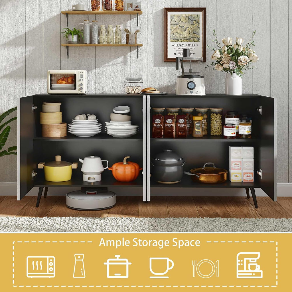 Modern Credenza Storage Cabinet: 63" Grey and Black Fluted Sideboard Buffet Cabinet with 4 Doors, Mid Century Wood