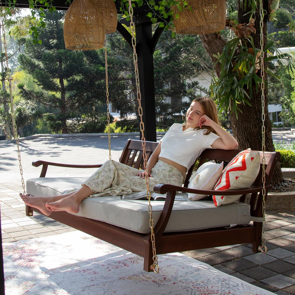 Robin Mahogany Wood 6 FT Porch Swing Bed, Upgraded Patio Porch Swing Daybed with Thick Oyster Cushion Support, 750