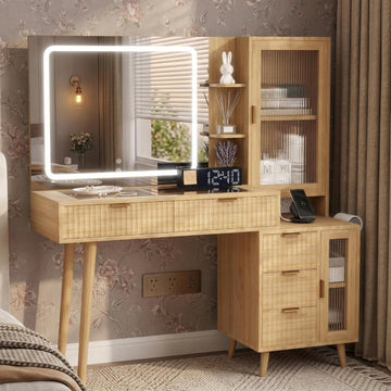 49" Wooden Vanity Desk with Mirror and Lights, Fluted Boho Makeup Vanity Table with Modern Glass Top, Charging
