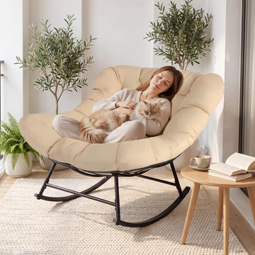 Oversized Outdoor Papasan Rocking Chair with Thick Cushion, Modern Egg Style Patio Rocker, Comfy Deep Seat Lounge