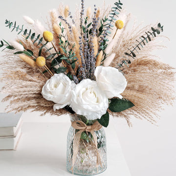 Faux Flower Arrangement with Vase, Center Pieces Decoration for Table, Pampas Grass Floral Décor, Thanksgiving &