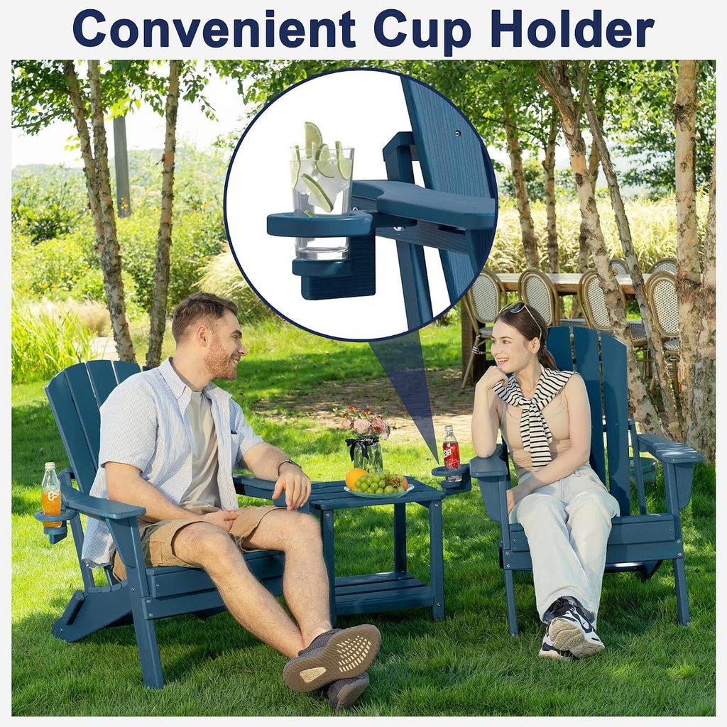 Folding Adirondack Chair with Cup Holder, HDPE All-Weather, Navy | SGS Tested, Faux Wooden Textured, Heavy
