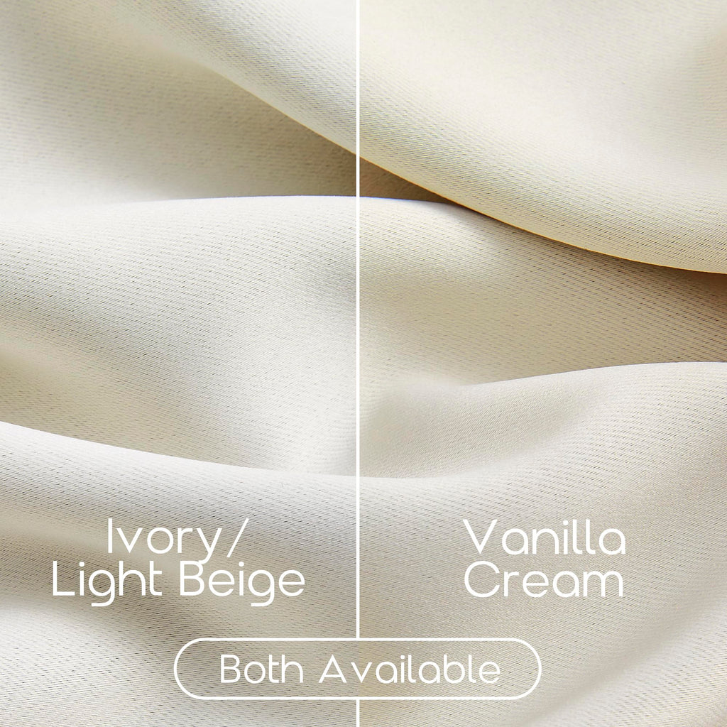 Ivory Satin Black Out Curtains 96 Inch Long 2 Panel Set, Off White Silky Smooth Fabric, Wave Fold Ring Top or Turn