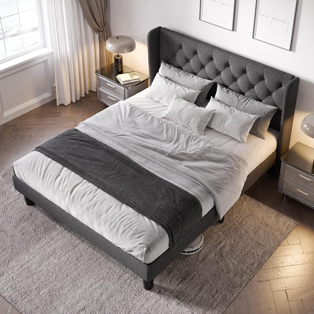 Queen Bed Frame with Button Tufted Wingback Headboard, Upholstered Platform Bed with Wooden Slats Support