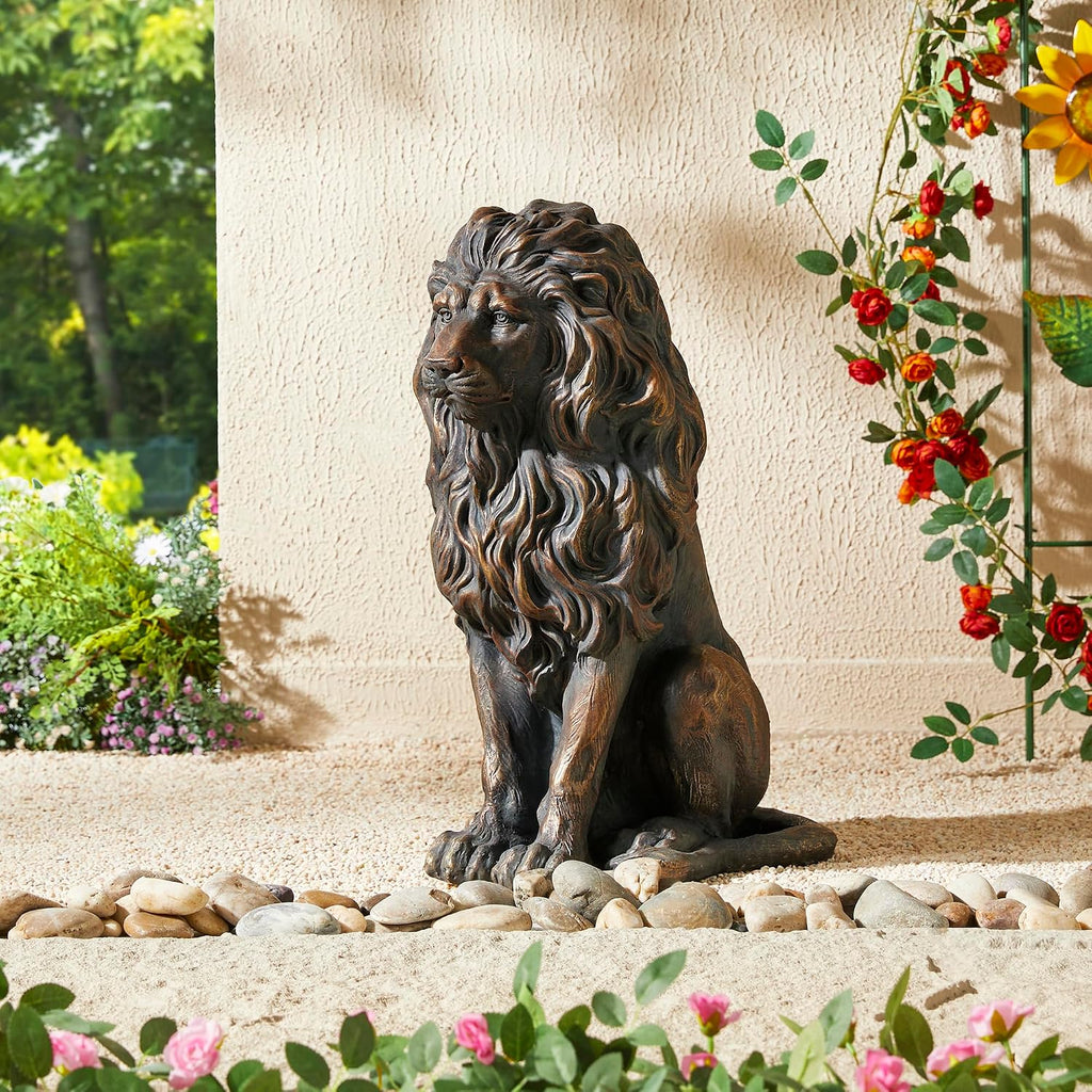 Guardian Sitting Lion Statue Regal Indoor Garden Sculpture Entrance Porch, 20.5in Tall, Bronze