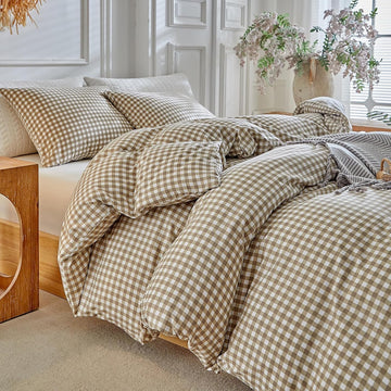 Grid Queen Duvet Cover Set - Tan Gingham Washed Microfiber Comforter Cover Set, 3 Pieces Plaid Checkered Soft - Set of 3