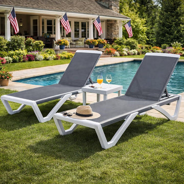 3-Piece Outdoor Chaise Lounge Set Fully Flat Adjustable Lounger | Aluminum Frame & Resin Legs, Textilene Fabric Gray