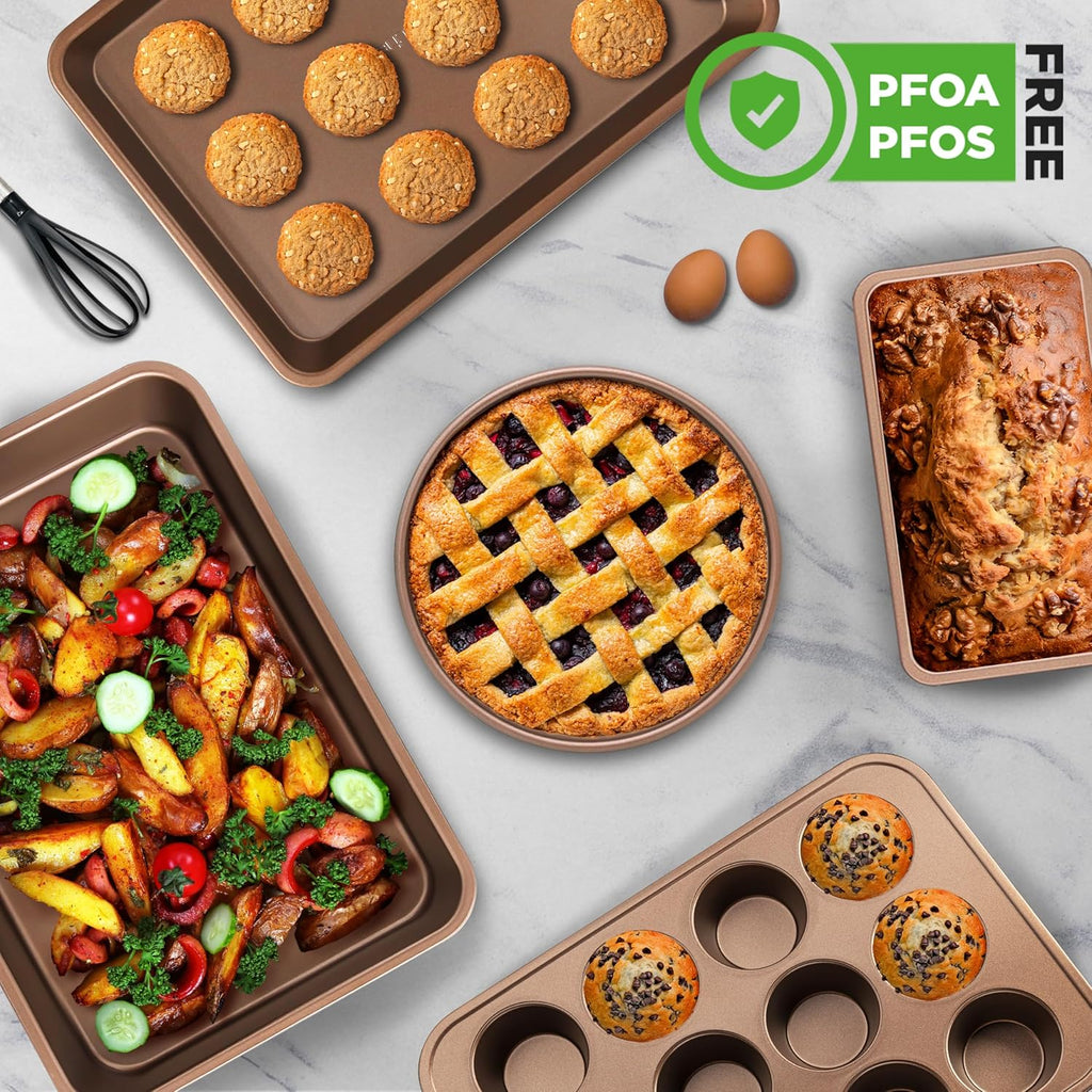 6-Piece Nonstick Bakeware Set, Carbon Steel Pans Set, Includes Cookie Sheets, Wide & Square Bake Pans, Bread Loaf &