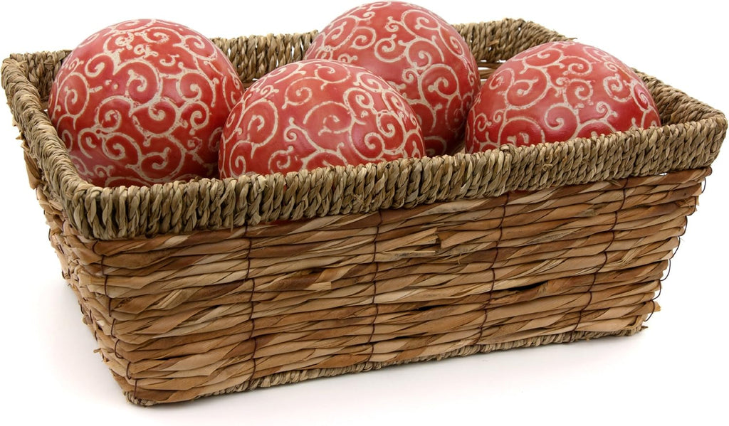4" Porcelain Ball Set - Set of 4 Decorative Balls, Red and Beige Vines