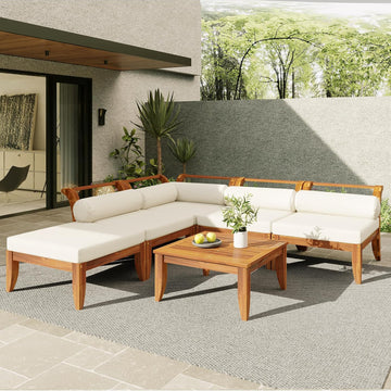 6 Piece Patio Sofa Set, Acacia Wood Outdoor Modular Sectional Garden Furniture Set, L-Shaped Conversation Set