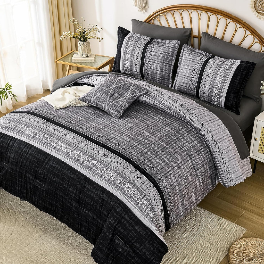 Dintszyayue Black Comforter Set Queen, 8 Pieces Boho Striped Bed in a Bag Soft Microfiber Bedding Set for All Season